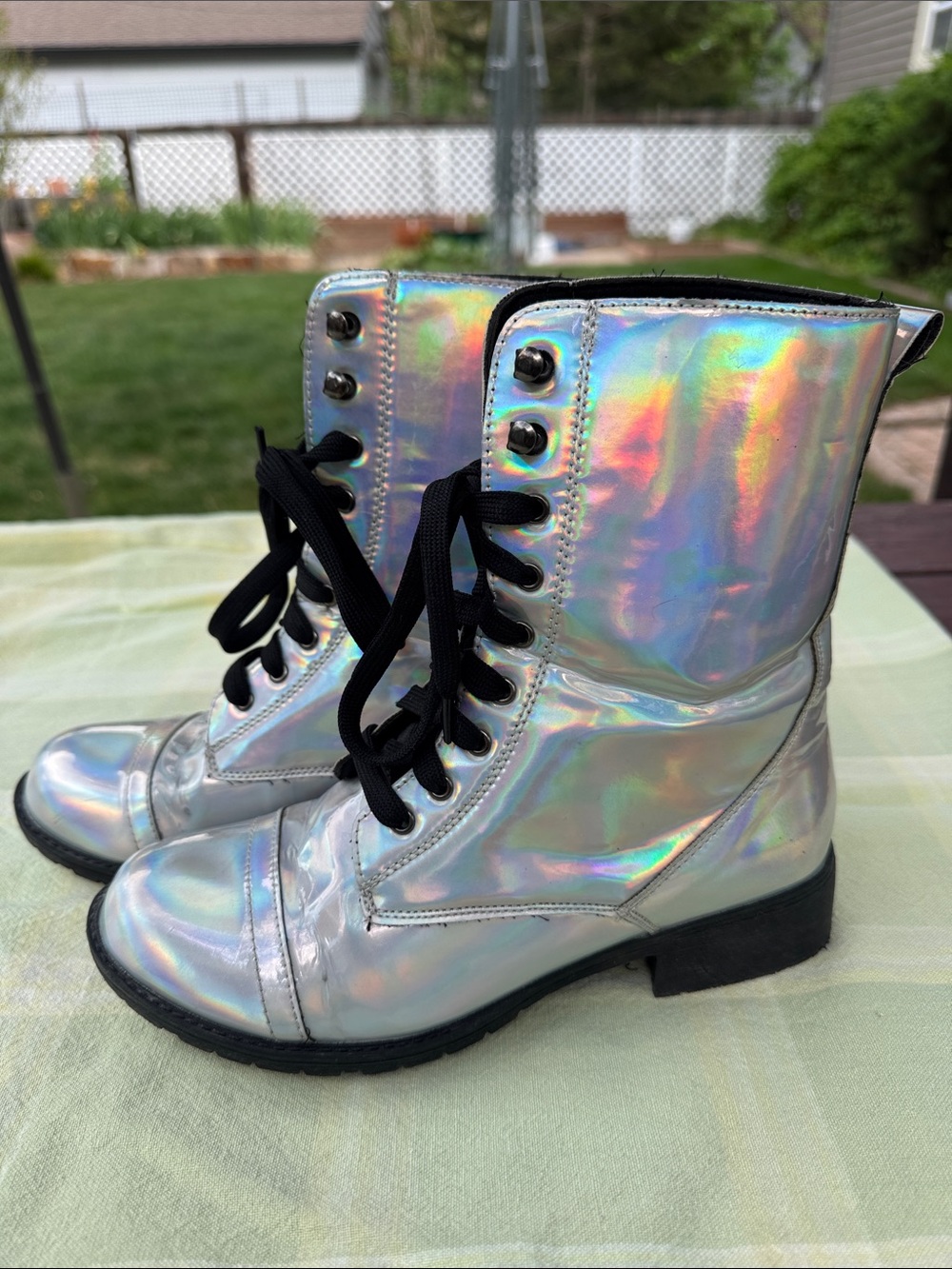 N.Y.L.A. Holographic Silver Lace-Up Combat Boots